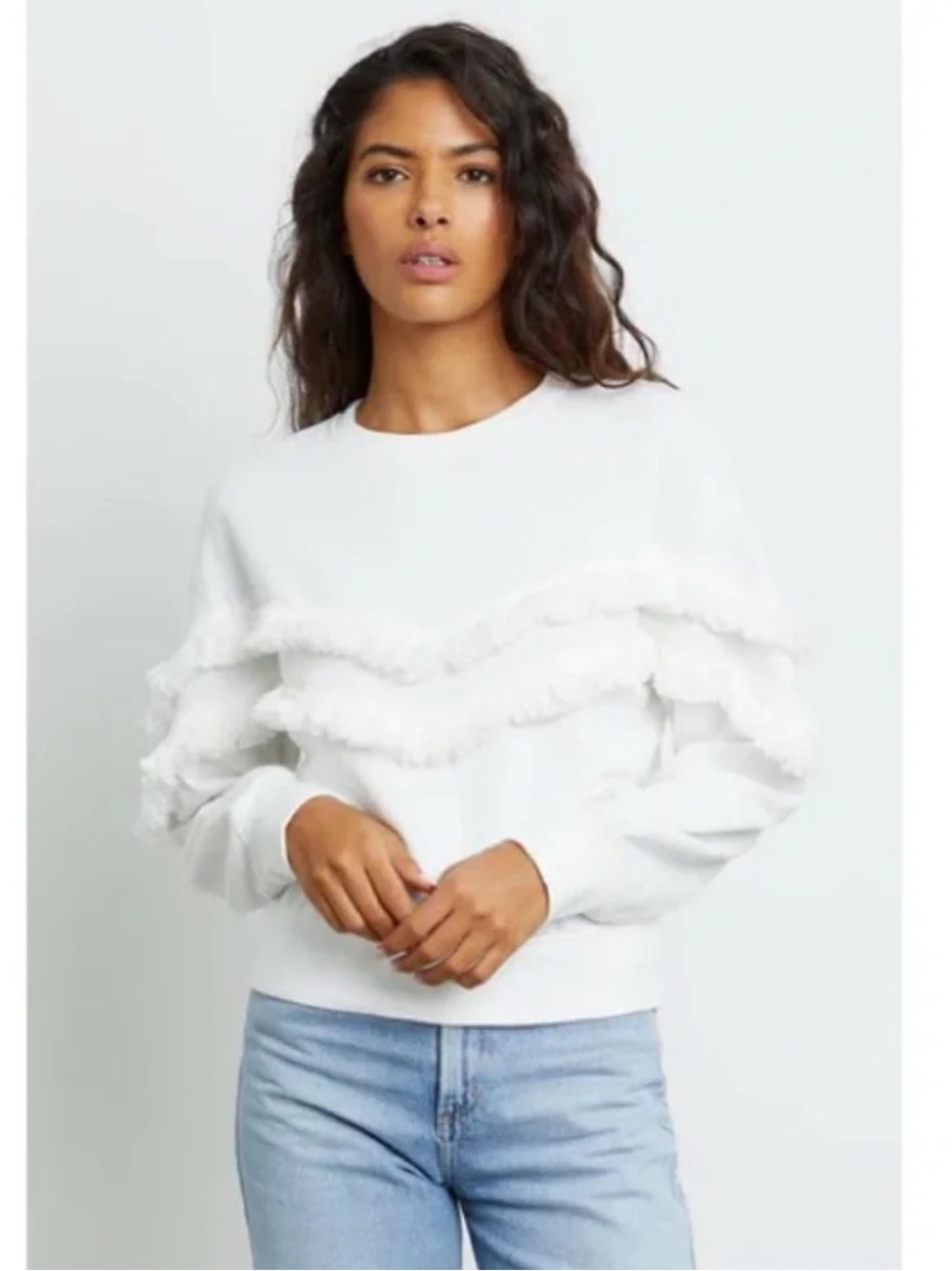 Rails Kingsley White Fringe-Trim Crewneck Sweatshirt